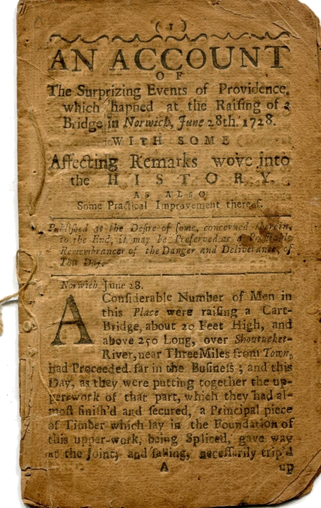 Pamphlet describing 1728 collapse of the bridge over the Shetucket River
