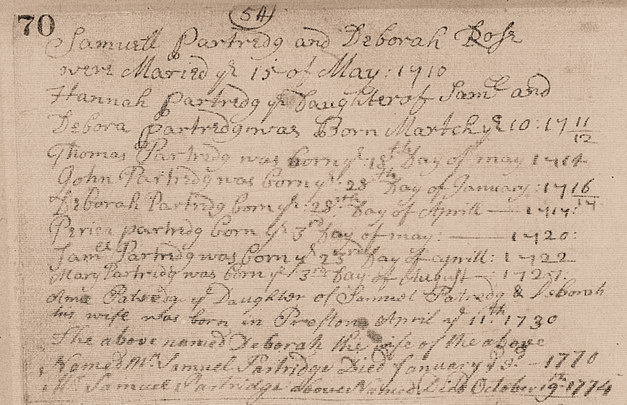 Marriage record of Samuel Partridge and Deborah Rose