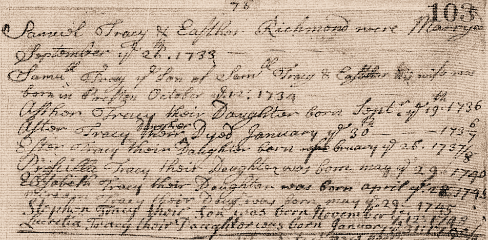 Marriage record of Samuel Tracy, Sr. and Esther Richmond